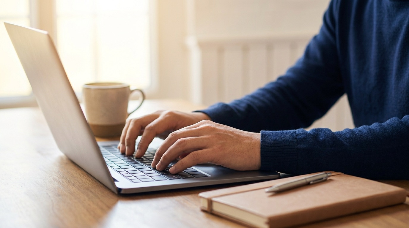 Hands typing on a laptop keyboard at a desk with a coffee cup and notebook