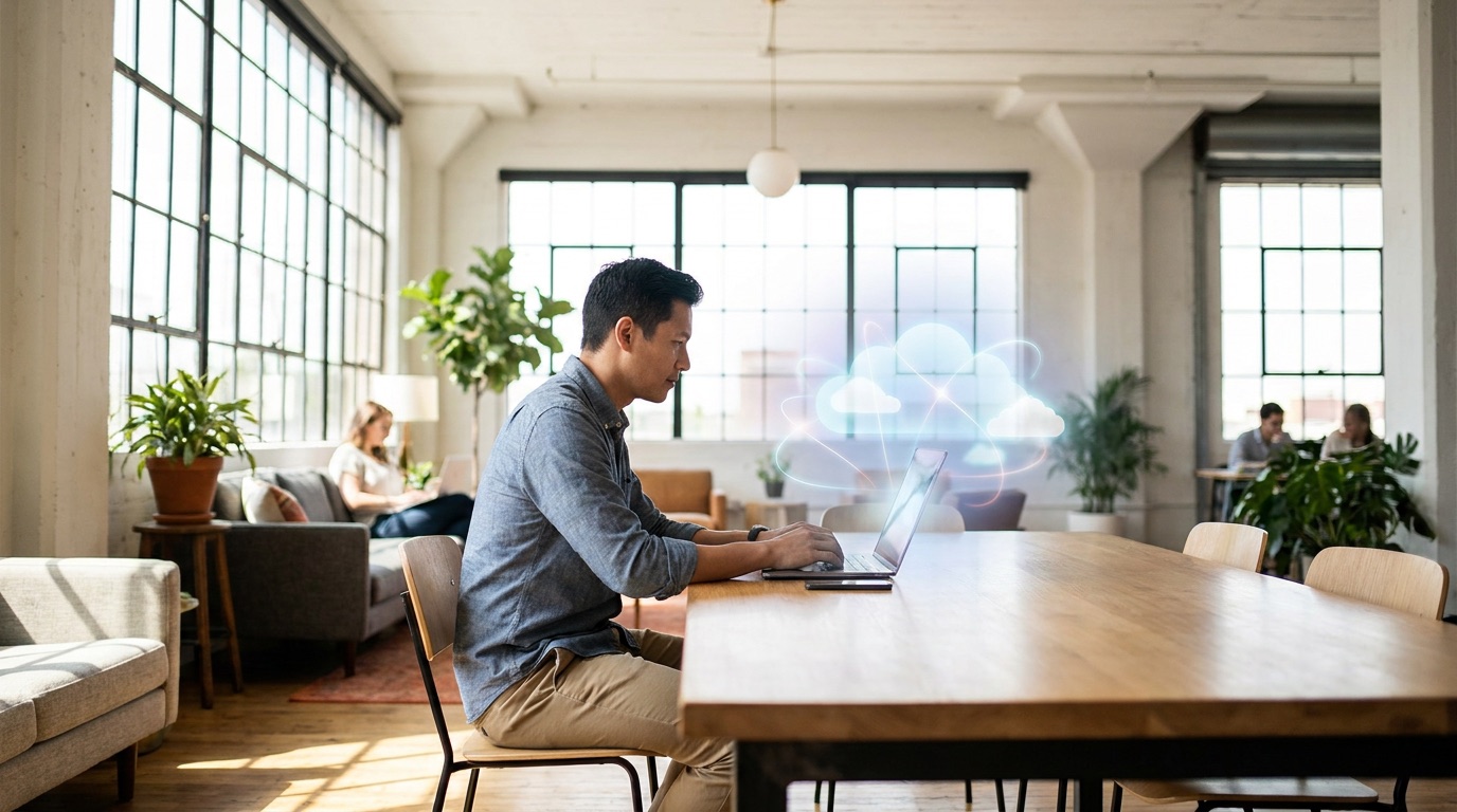 Professional working on a laptop in a bright office with an abstract cloud connectivity graphic