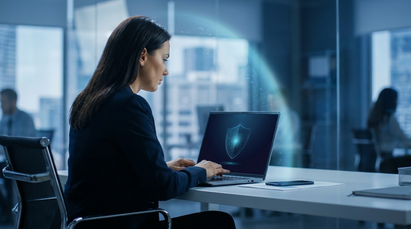 Business professional reviewing a laptop displaying a digital security shield graphic