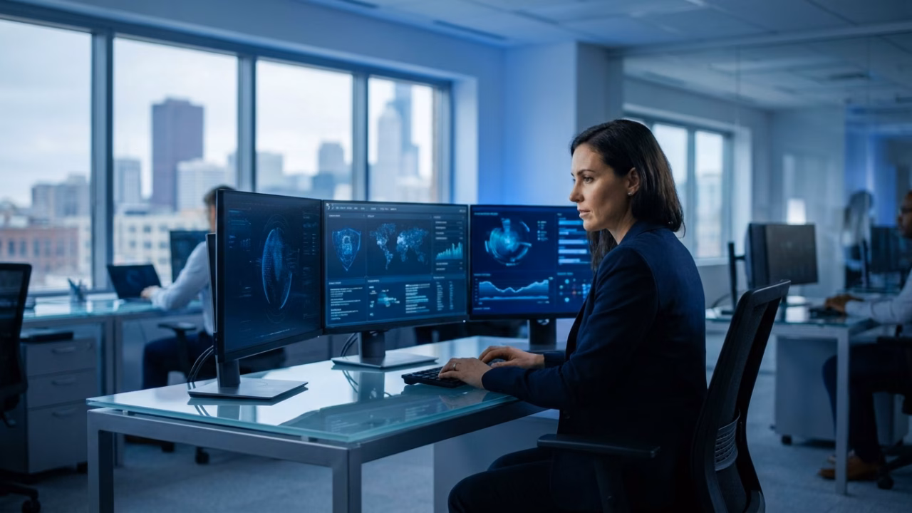 IT professional monitoring cybersecurity dashboards on multiple screens in a modern office
