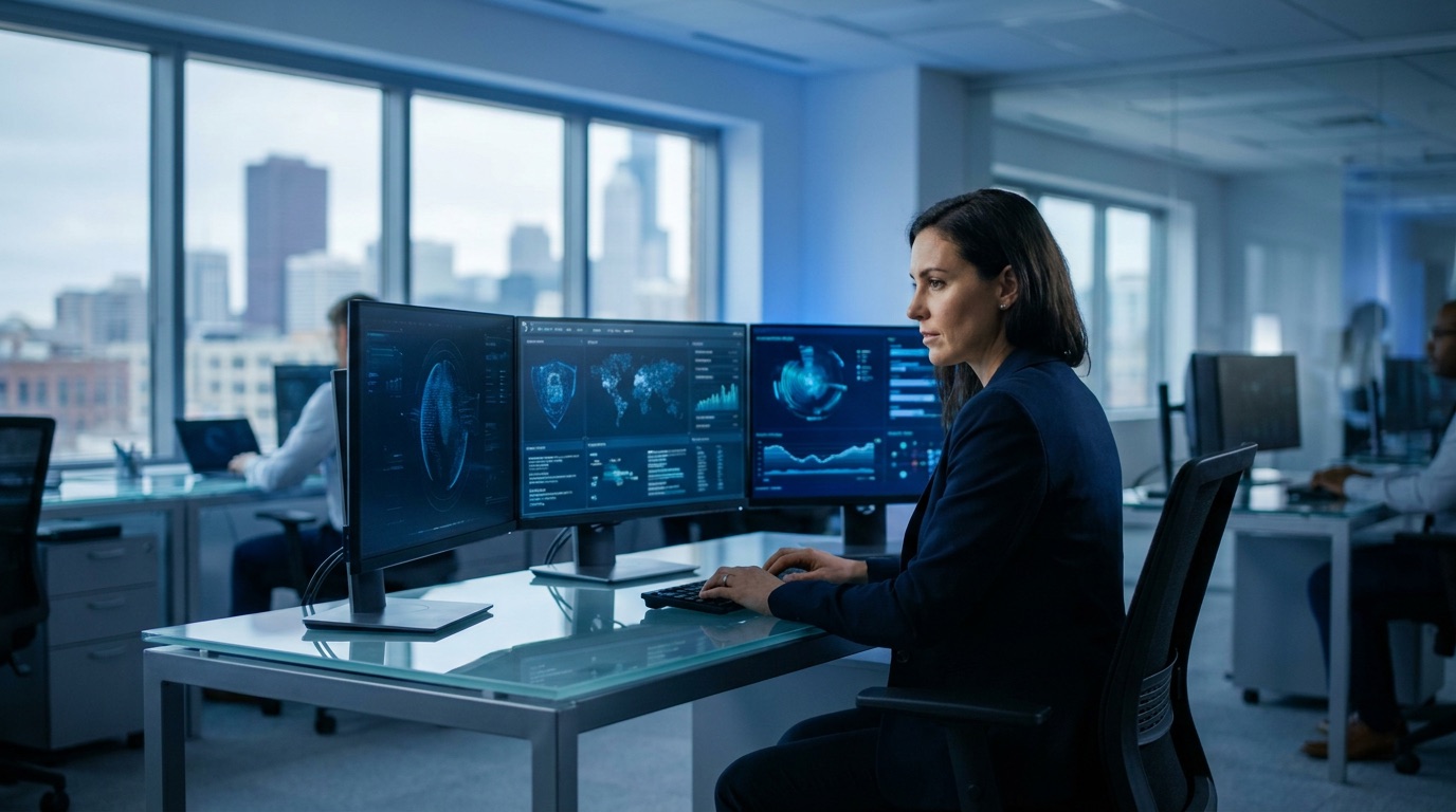 IT professional monitoring cybersecurity dashboards on multiple screens in a modern office
