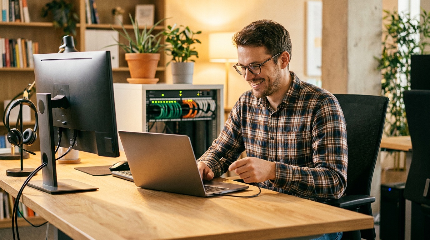 IT support professional configuring a laptop at a desk with network equipment in the background