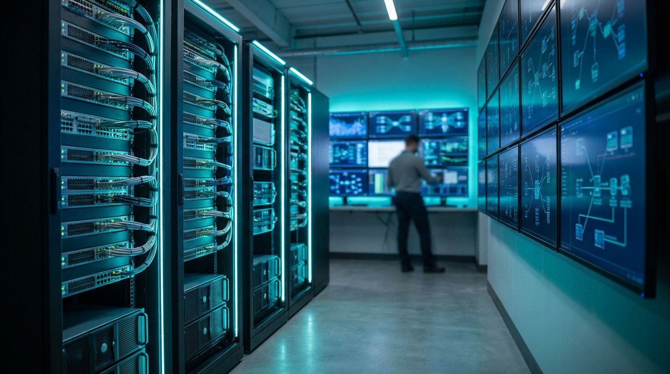 Server racks and network equipment in a modern network operations center