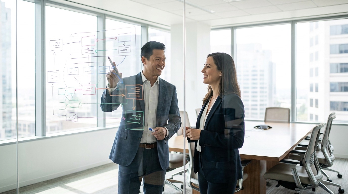 Two professionals discussing a technology roadmap diagram on a glass whiteboard