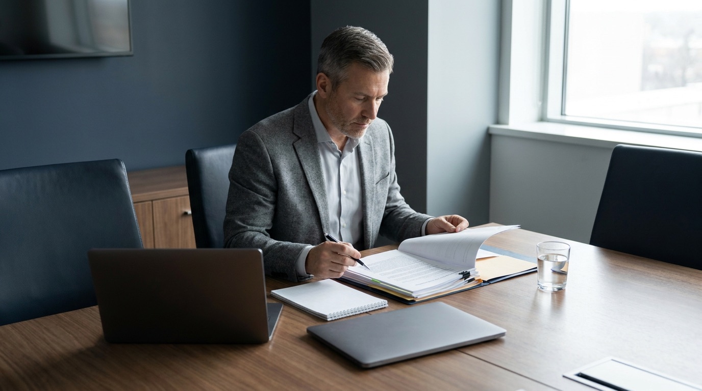 Professional reviewing compliance documents at a conference table with a laptop